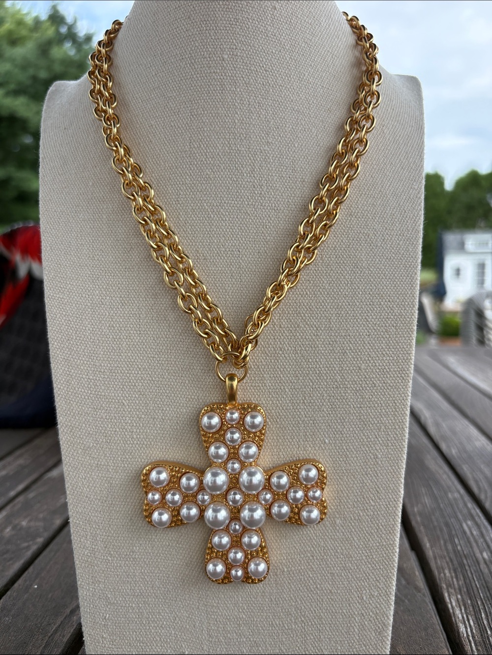 Vintage inspired Gold-Tone Pearl Cross Pendant Necklace, Long